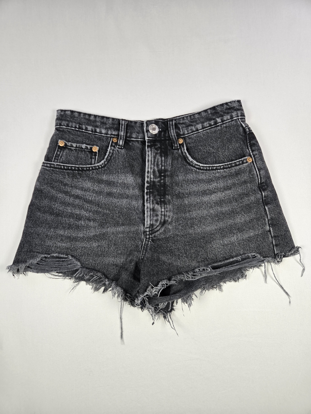 Zara High Waist Distressed Denim Shorts Black Boho Distressed Raw Hem Festival 4